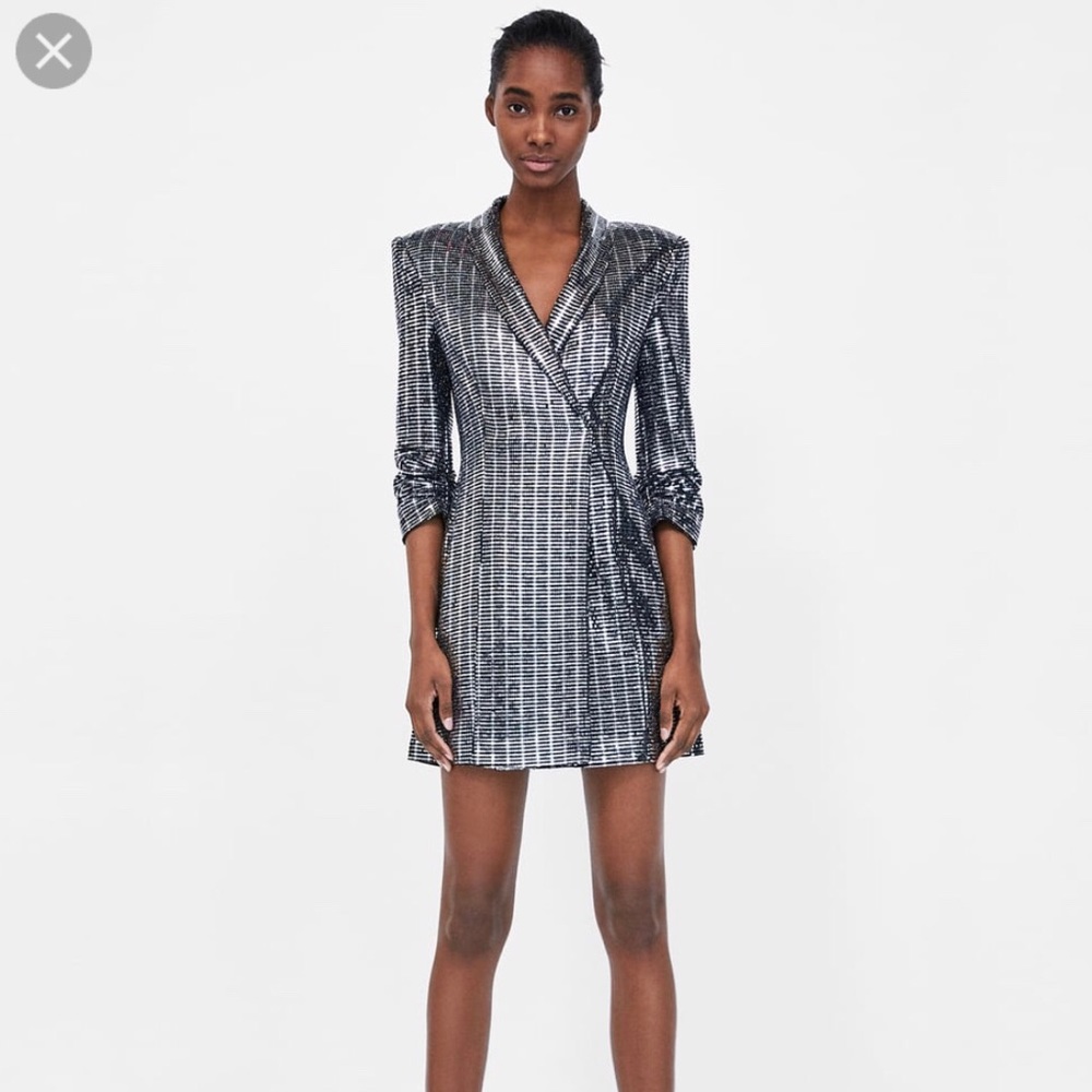 Zara Silver Sequin Metallic Blazer Dress